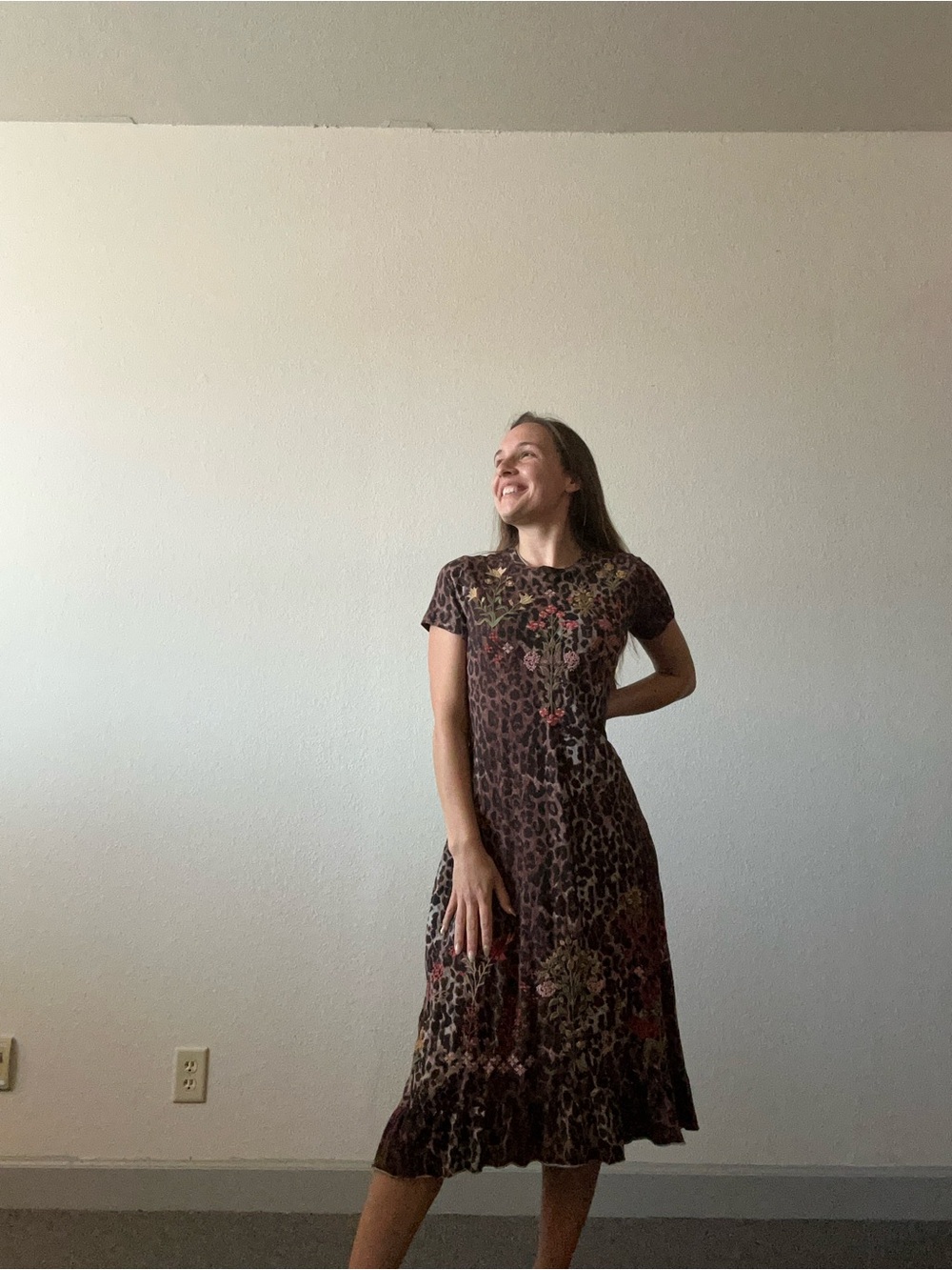Johnny Was Brown Floral Leopard Midi Dress